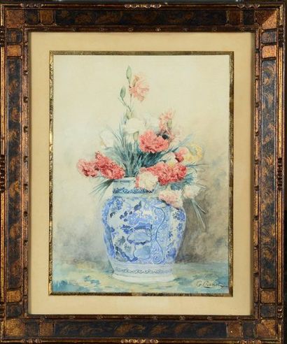CHANET Gustave (1862-1938) 

Bouquet d'oeillet dans un vase en faïence de Delft

Aquarelle

Signée...