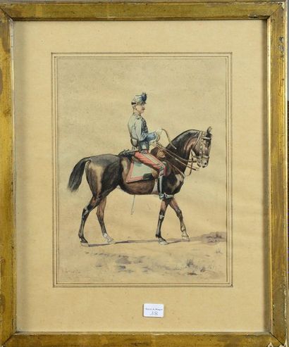 null Dessin aquarellé représentant un officier de chasseurs à cheval, signé ''E....