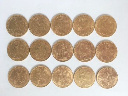 null 
15 coins of 20 Francs gold at Le Coq and Le Génie Dupré
