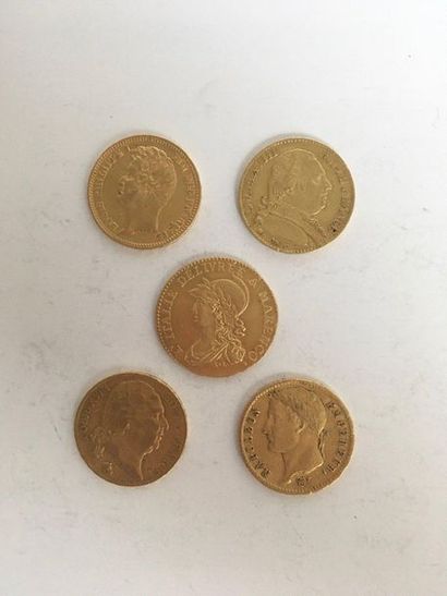 
Lot de 5 pièces de 20 Francs or datées :...
