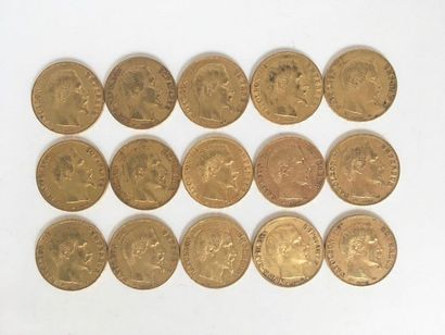 null 15 gold 20 Franc coins with a profile of Napoleon III