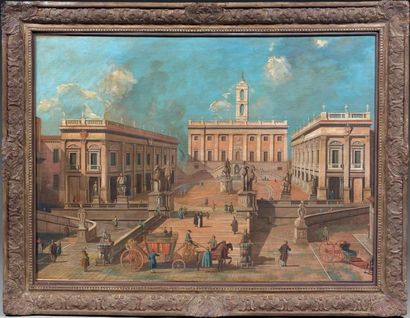 Ecole ITALIENNE de la fin du XVIIIème siècle Vue de la place du Capitole à Rome Toile....