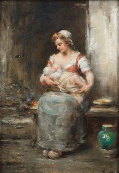Henri Adrien TANOUX (1865-1923) Maternité Huile sur toile, signée en bas à droite...