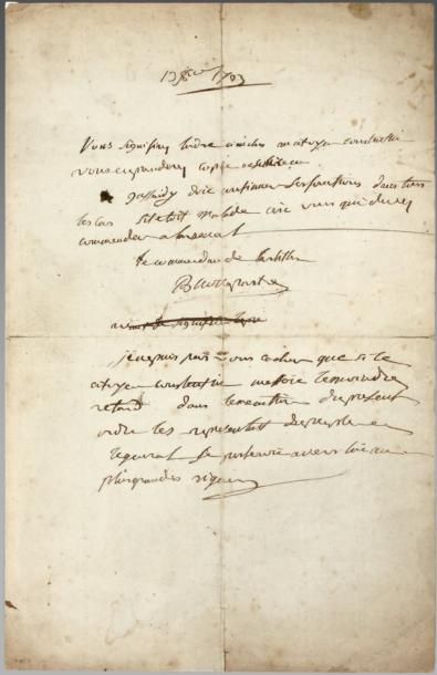 Bonaparte Lettre autographe, signée et datée du 13 octobre 1793, sans lieu (siège...