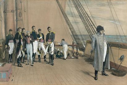null Gravure aquarellée: Napoléon à bord du Bellérophon, avec ses compagnons de voyage,...
