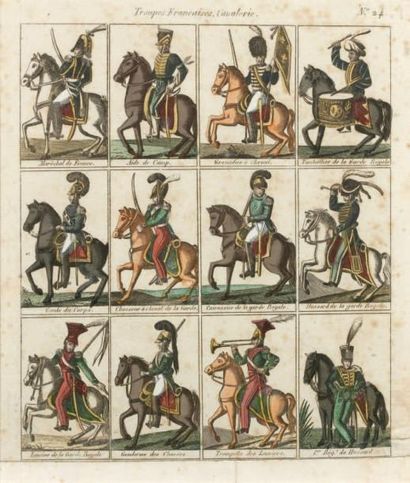 null Une gravure aquarellée, douze représentations des différents corps de la cavalerie...