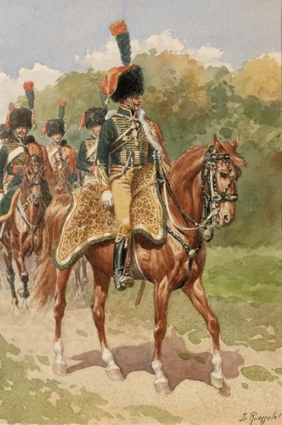 Lucien Rousselot Dessin aquarellé, signé en bas à droite: Chasseurs à cheval de la...