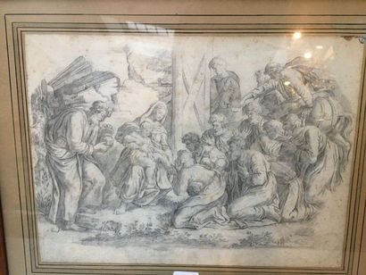 null Ecole FRANCAISE du XVIIème siècle L’Adoration des bergers Crayon noir 21,5 x...