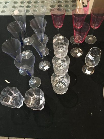 null Set of glassware including 3 carved glasses; 4 rose stem glasses, 8 blue glass...