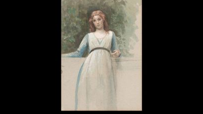 null Late 19th century FRENCH school Young woman leaning against a railing Watercolour...