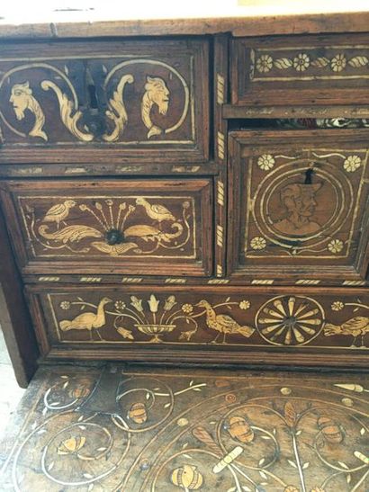 null Small cabinet in natural wood and bone, decorated with scrolls, profiles and...
