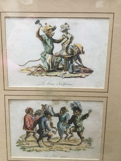 null Two engravings in one frame: Sculpting Monkeys and Dancing Monkeys