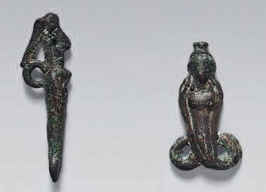 null A set of two amulets comprising an Isis-Renoutet in its human-headed cobra form,...