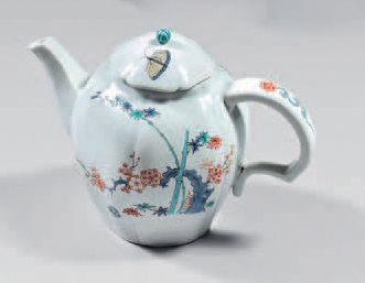 null 18th century Chantilly porcelain teapot and lid. Red iron mark with hunting...