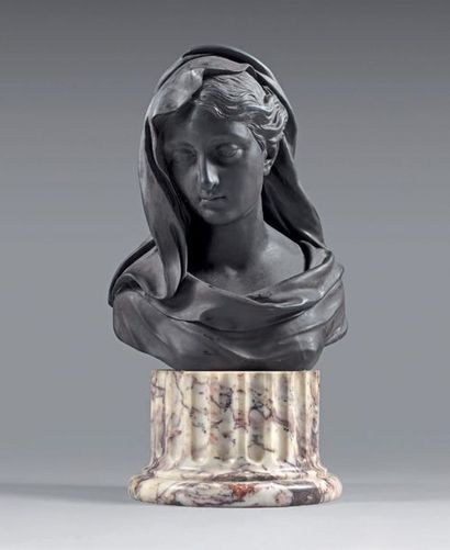 null Fine black sandstone bust in the Wedgwood style of the 19th century, on a fluted...