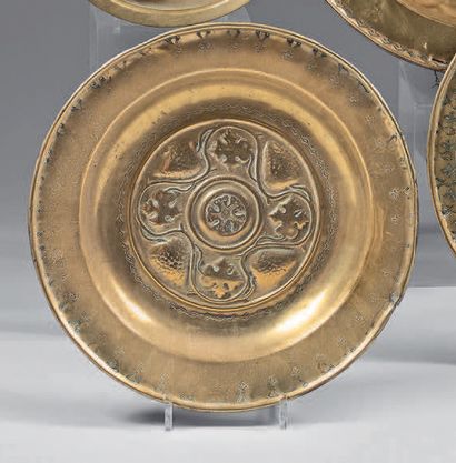 null Brass offering dish with embossed and stamped decoration; the wing decorated...