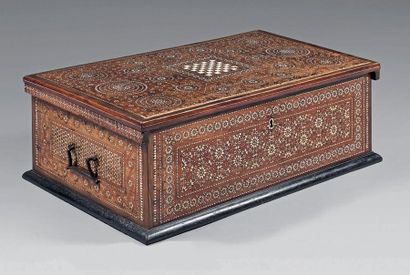 null Wooden chest with intarsia decoration of geometrical patterns of star bones,...