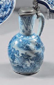 null Small Delft earthenware ewer from the late 17th-early 18th century, with pewter...