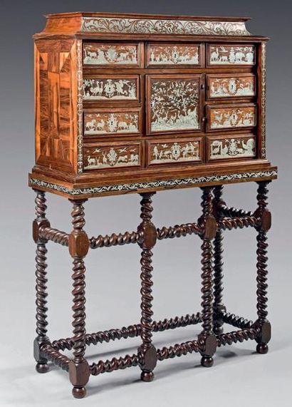null Inlaid pewter cabinet with an animal theme representing horses, cattle, birds,...