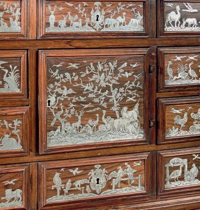 null Inlaid pewter cabinet with an animal theme representing horses, cattle, birds,...
