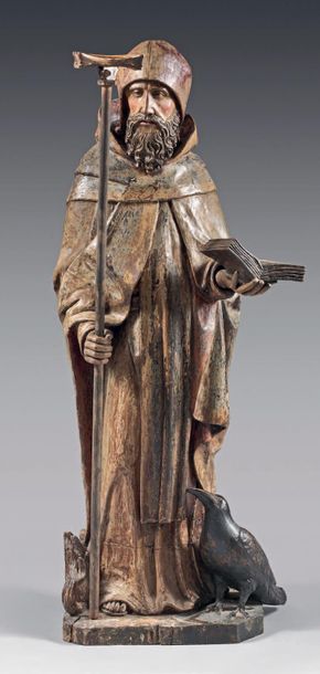 null Statue en chêne sculpté en ronde-bosse représentant probablement
Benoît de Nursie;...