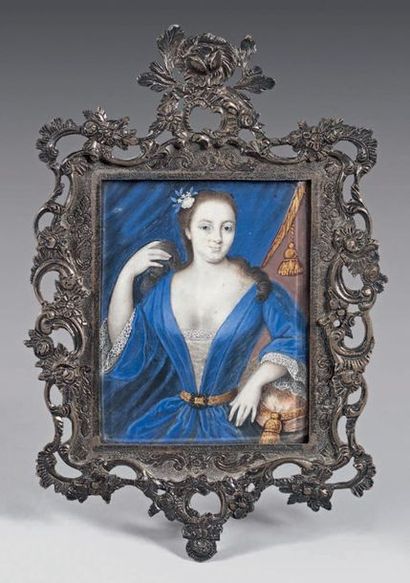 Attribué à Jacques BISSON (? - 1737) 
Portrait of a woman with a blue
Gouache dress...