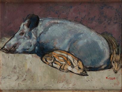 null Paul JOUVE. Family of boar. 1954. Oil on cardboard paper. Signed lower right....