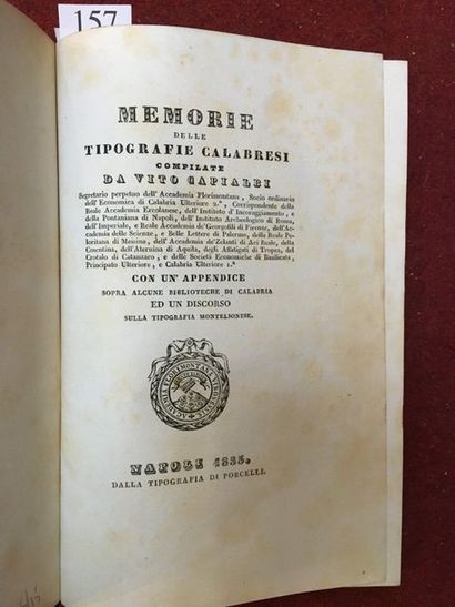CAPIALBI (Vito). Memorie delle tipografie calabresi. Napoli, Dalla Tipografia di...