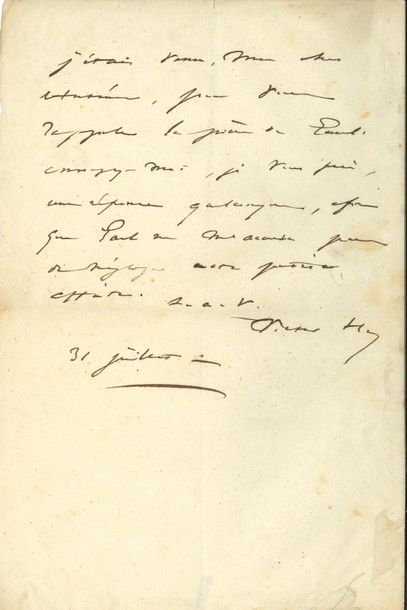 VICTOR HUGO. L. A. S. «Victor H.», 31 juillet [circa 1835-1840], à Anténor Joly,...