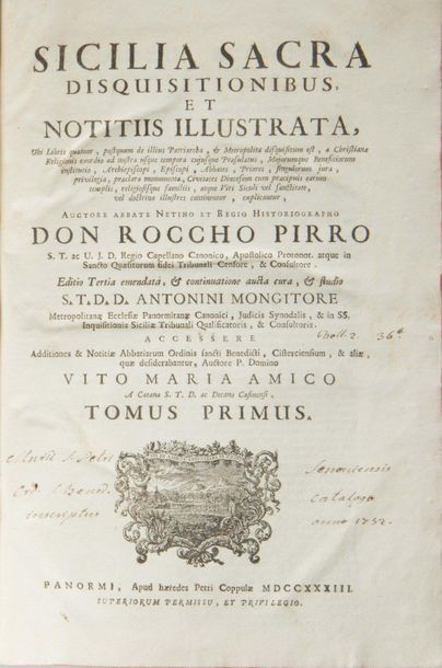 PIRRO (Roccho). Sicilia sacra disquisitionibus, et notitiis illustrata [...]. Panormi...
