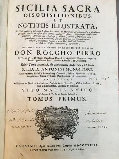 PIRRO (Roccho). Sicilia sacra disquisitionibus, et notitiis illustrata [...]. Panormi...