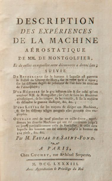 [AÉROSTATION]. FAUJAS de SAINT-FOND (Barthélemy). Description des expériences de...