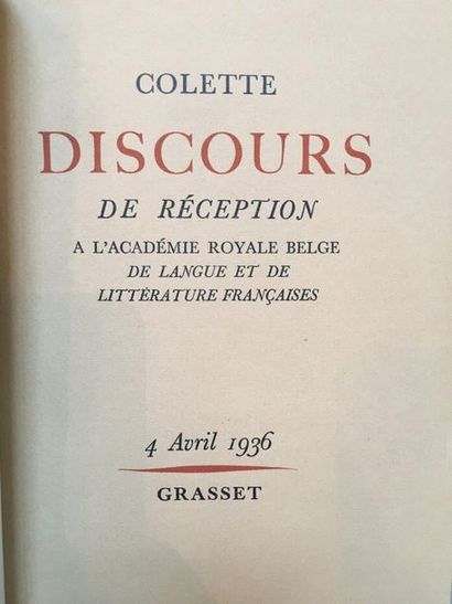 COLETTE. Discours de réception à l'Académie royale belge de Langue et de Littérature...
