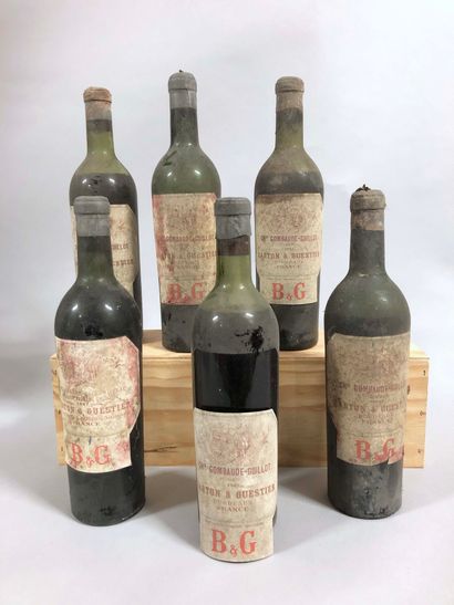 null 6 bouteilles CH. 
GOMBAUDE-GUILLOT, 
Pomerol 
1945
 (Mise Barton & Guestier,...
