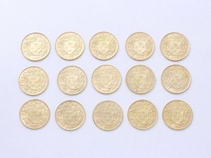 null Gold lot 750 thousandths composed of:
- 15 pieces of 20 Swiss francs.
Weight:...