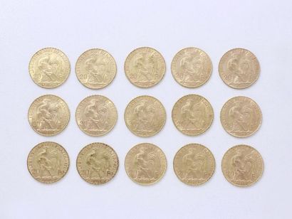 null Gold lot 750 thousandths composed of:
- 15 pieces of 20 gold francs.
Weight:...