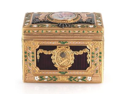 null Rare and beautiful rectangular snuffbox with cage-mounted 750-thousandths gold...