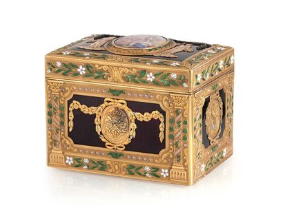 null Rare and beautiful rectangular snuffbox with cage-mounted 750-thousandths gold...