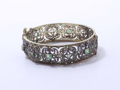 null 750 gold and 800 silver openwork bangle decorated with rectangular cut-sided...