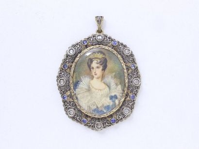  750 gold and 800 silver pendant decorated with a miniature representing a woman...