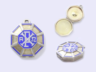 null Octagonal custode pendant in 800 thousandths vermeil with celestial blue enamel...