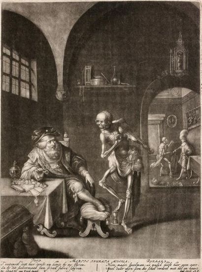 Pieter SCHENCK (1660-1718/19) 
Death playing the violin in front of a miser
Mezzotinto....