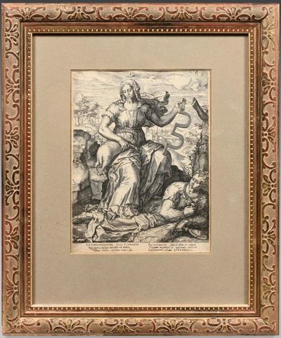 Pieter J. FURNIUS (1545-1626) 
L'Humilité terrassant l'orgueil. Allégorie.
Burin....