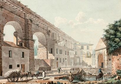 VICTOR JEAN NICOLLE (PARIS 1754-1826) 
Aqueduct in an Italian village
Pen and black...