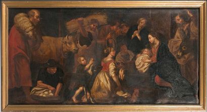 École Flamande du XVIIe siècle 
L'Adoration des bergers
Sur sa toile d'origine. Accidents.
75...