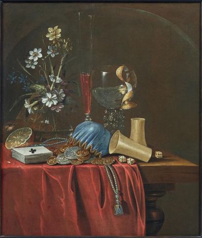 École Française du XVIIe siècle 
Still life with flower vase, flutes and roemer glass,...