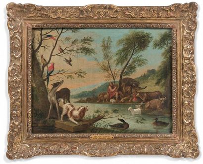 Frans HUYGENS (actif vers 1700) 
Adam and Eve in earthly paradise
Orpheus charming...