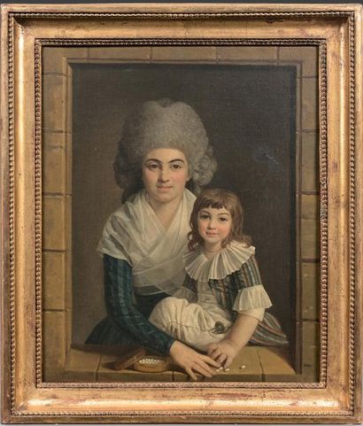 Ecole Francaise vers 1780 
Une mère et son enfant jouant aux osselets
Toile.
46 x...