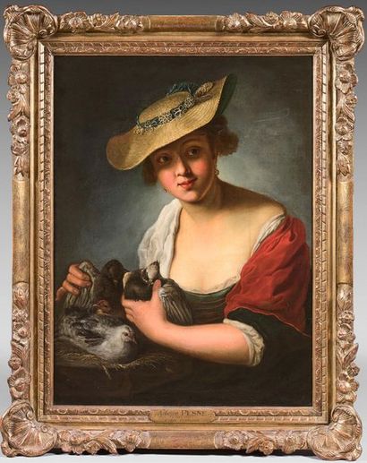 École ALLEMANDE du XVIIIe siècle, atelier de Antoine PESNE Jeune femme aux oiseaux
Toile.
78...