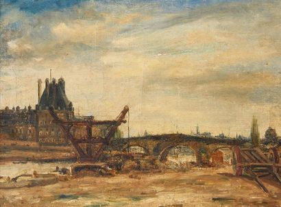 École Française du XIXe siècle 
Vue des quais de Seine avec le Louvre
Toile. Éclats.
23,5...